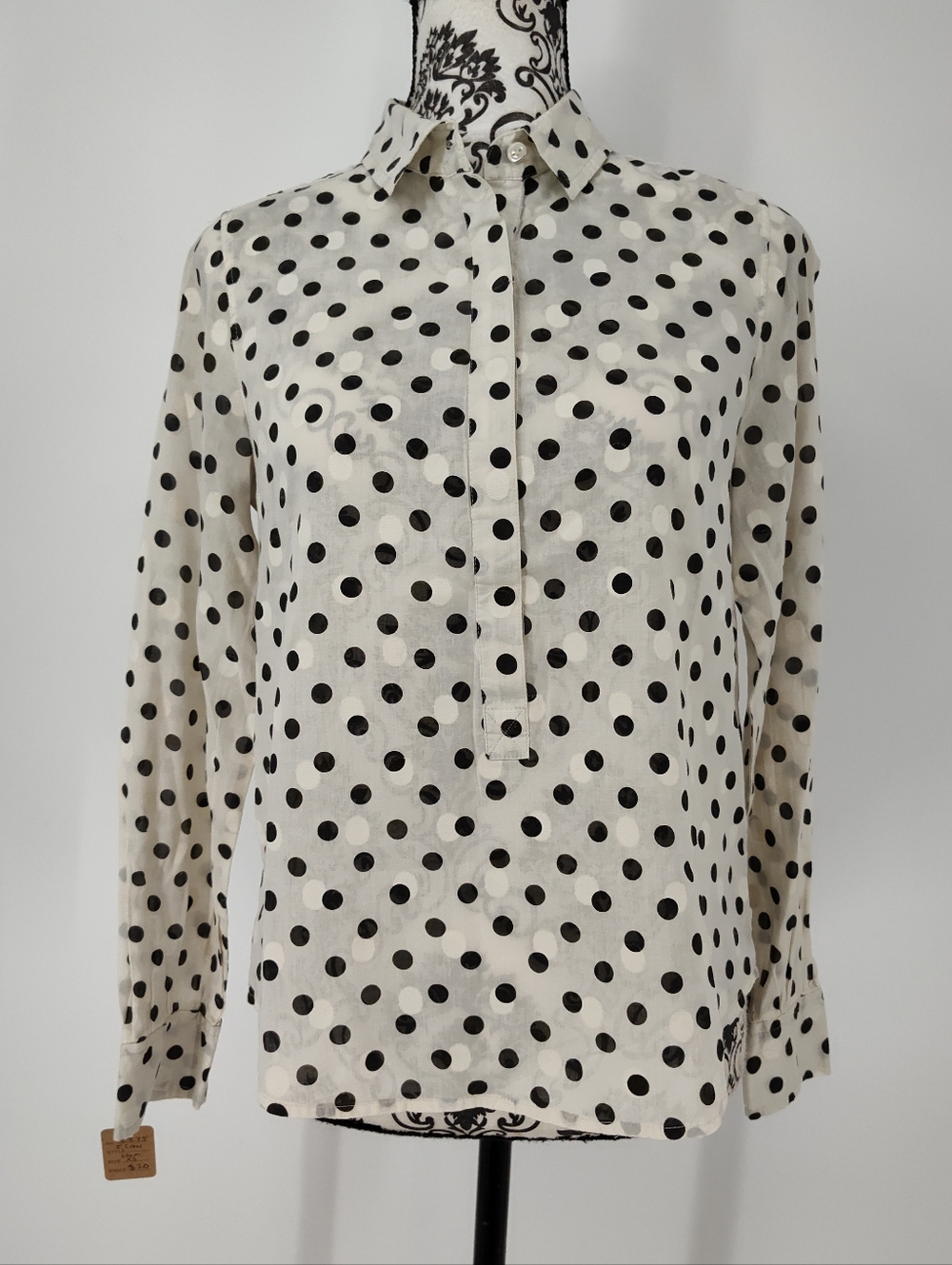 J. Crew Black Polka Dot On White Half Button-Down Pull Over Shirt Size Womens XS